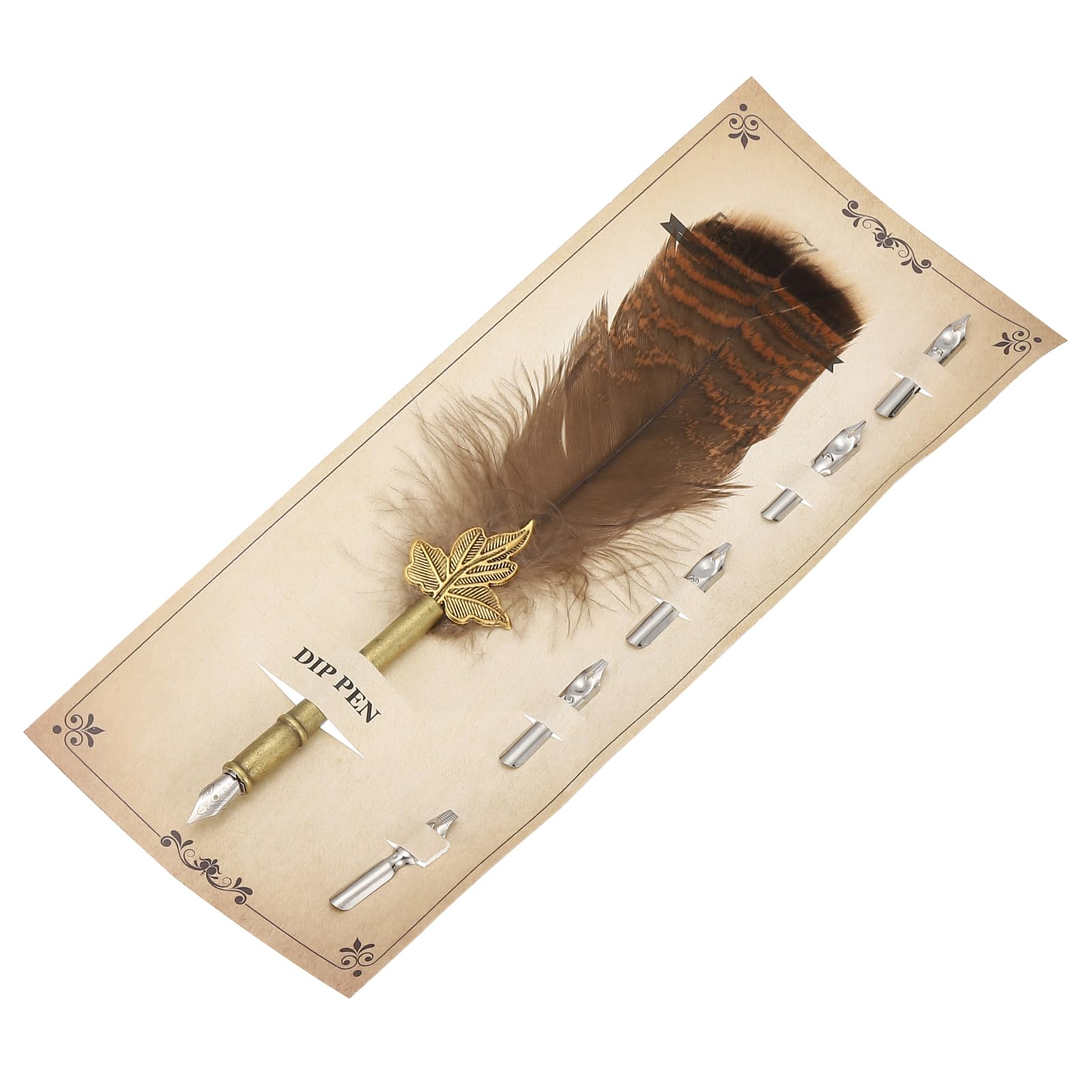 PATIKIL Feather Pen, 9.3 Inch Vintage Quill Pen Feather Dip Pen with 5 Pcs Replacement Nibs for Writing Calligraphy Wedding Signature Guest, Brown/Yellow