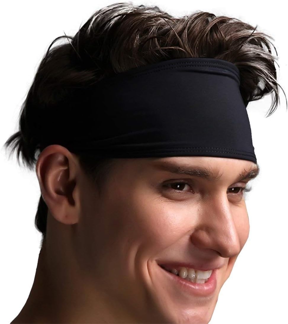 VIMOV Mens Headband - Sports Sweatband for Running, Cycling, Yoga, Basketball - Stretchy Moisture Wicking Hairband, 2 Pack