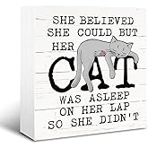 Funny Cat Wood Sign, Rustic Tabletop Decor, Farmhouse Home Decor, Cats Lover Office Decoration, Gift for Cat Mom, Decorative Wooden Box Signs, She Believed She Could Sign 5 * 5 * 1.2 inches