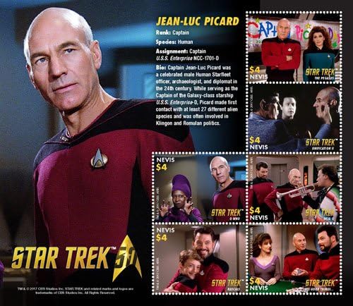 Nevis Star Trek 50th Anniversary- Jean-Luc Picard, Collectible Postage Stamps
