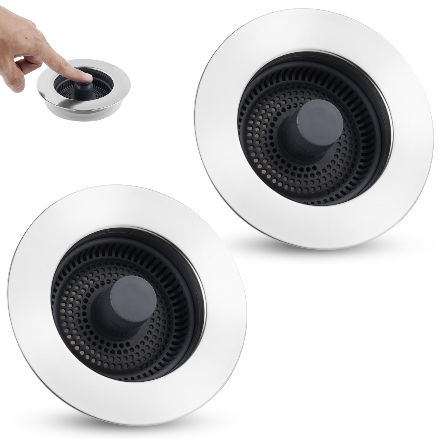 Photo 1 of Universal 2PCS Kitchen Sink Strainer Stopper Combo, 3 in 1 Pop Up Kitchen Sink Stopper with Chrome Stainless Steel Wraped Shell for US Standard 3-1/2 inch Drain Filter, Anti-Clog