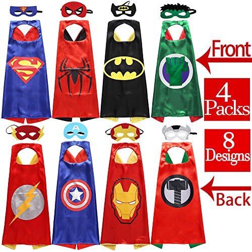 Zaleny Superhero Dress Up Costumes 4 Double-sided Design Satin Capes with 8 Felt Masks