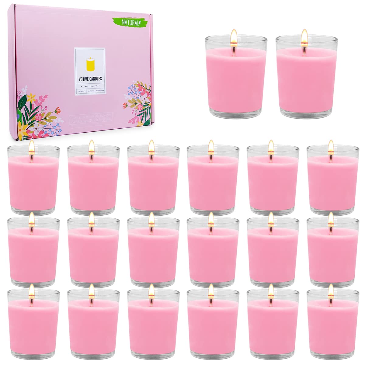 Photo 1 of 19 Unscented Pink Votive Candles in Glass, Small 2 Inch Natural Soy Wax Scentless Candles for Valentine's Day Tabe Centerpiece Wedding Party Home Decor Holiday Relaxation Spa