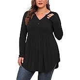 SHIJIALI Women's Plus Size Henley Shirts V Neck Button Tunic Tops Casual Long Sleeve Swing Flowy Blouse