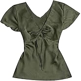 SOLY HUX Women's Deep V Neck Blouse Tie Front Short Sleeve Shirts Tops Summer Outfit