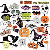 PUSITI Halloween Photo Booth Props 35 Pieces Pre-assembled Party Favors Decorations Pumpkin Ghost Lips Skull Glasses Wizard Hat Spider Mask Pose Sign Kit