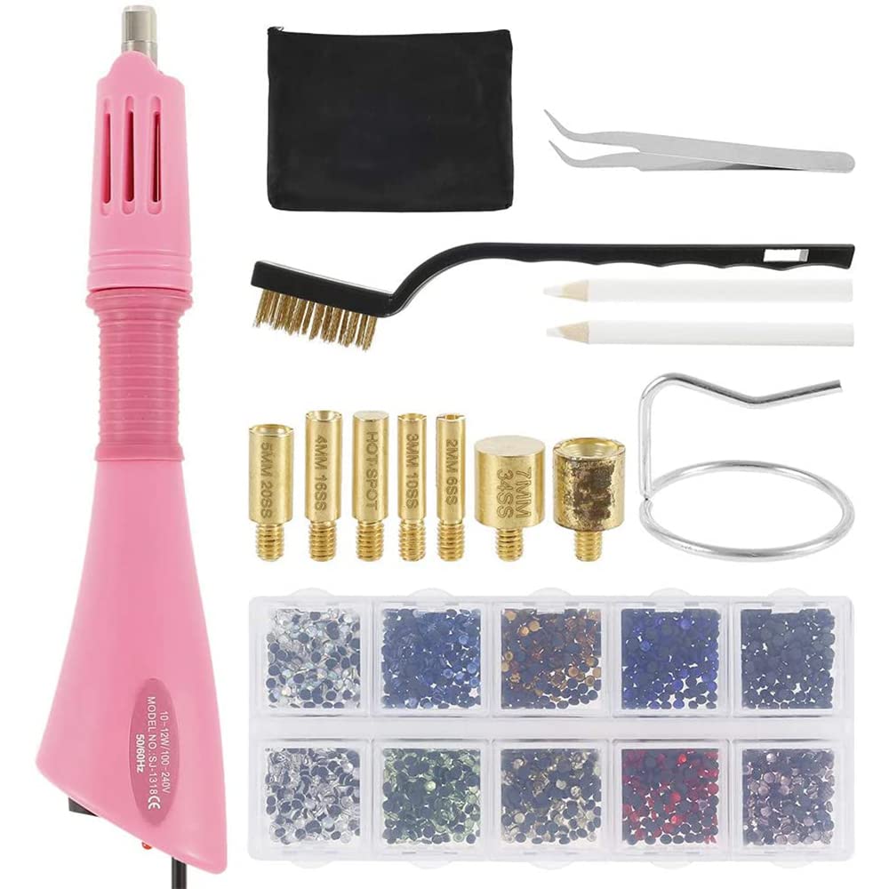 CENPEK Hot fix Applicator kit, Hot Fix Rhinestone Setter Tool, Hot drill,Tweezers, Boxed Drill, 7 Tips, 2 Pickers, Wire Brush, Stand, Bag(Pink)