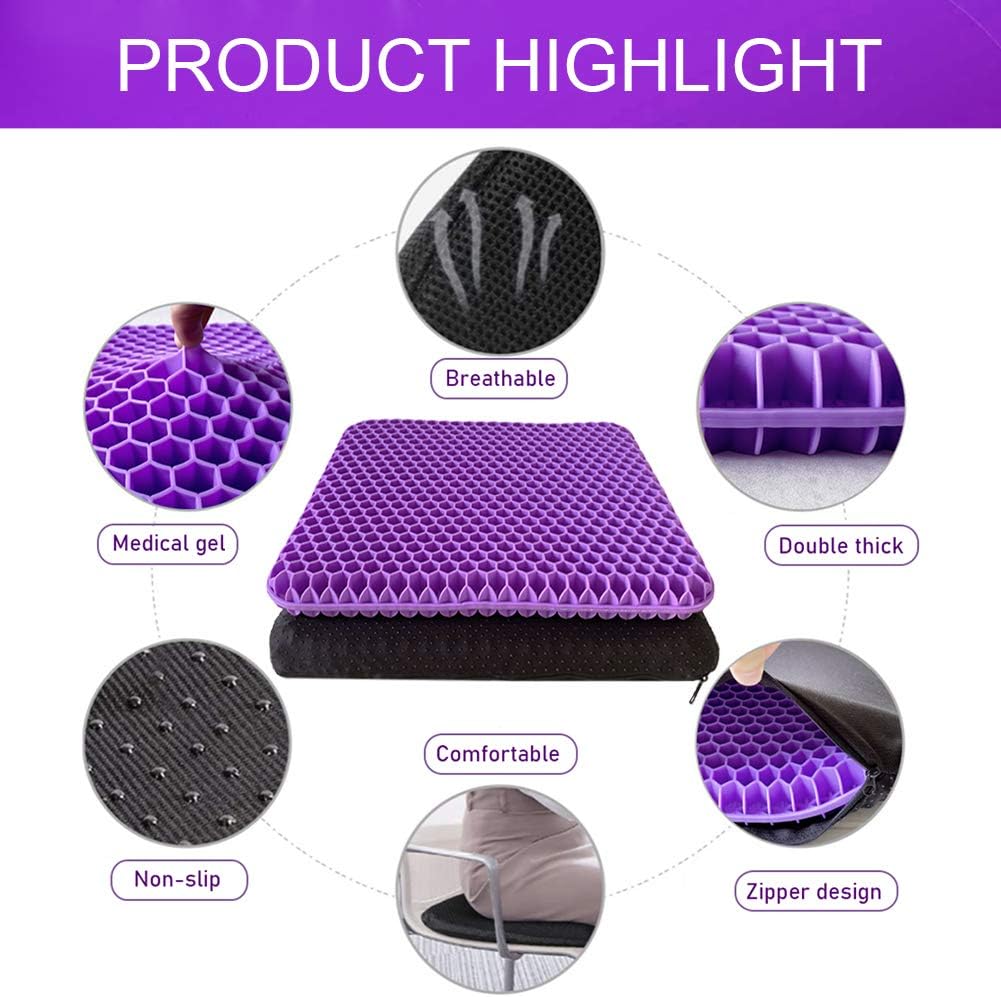 Gel Seat Cushion - Purple Enhanced Double Non-Slip Seat Cushion for Tailbone Pain Relief - Seat Cushion for The Car Or Office Chair - Sciatica & Back Pain Relief: Kitchen & Dining