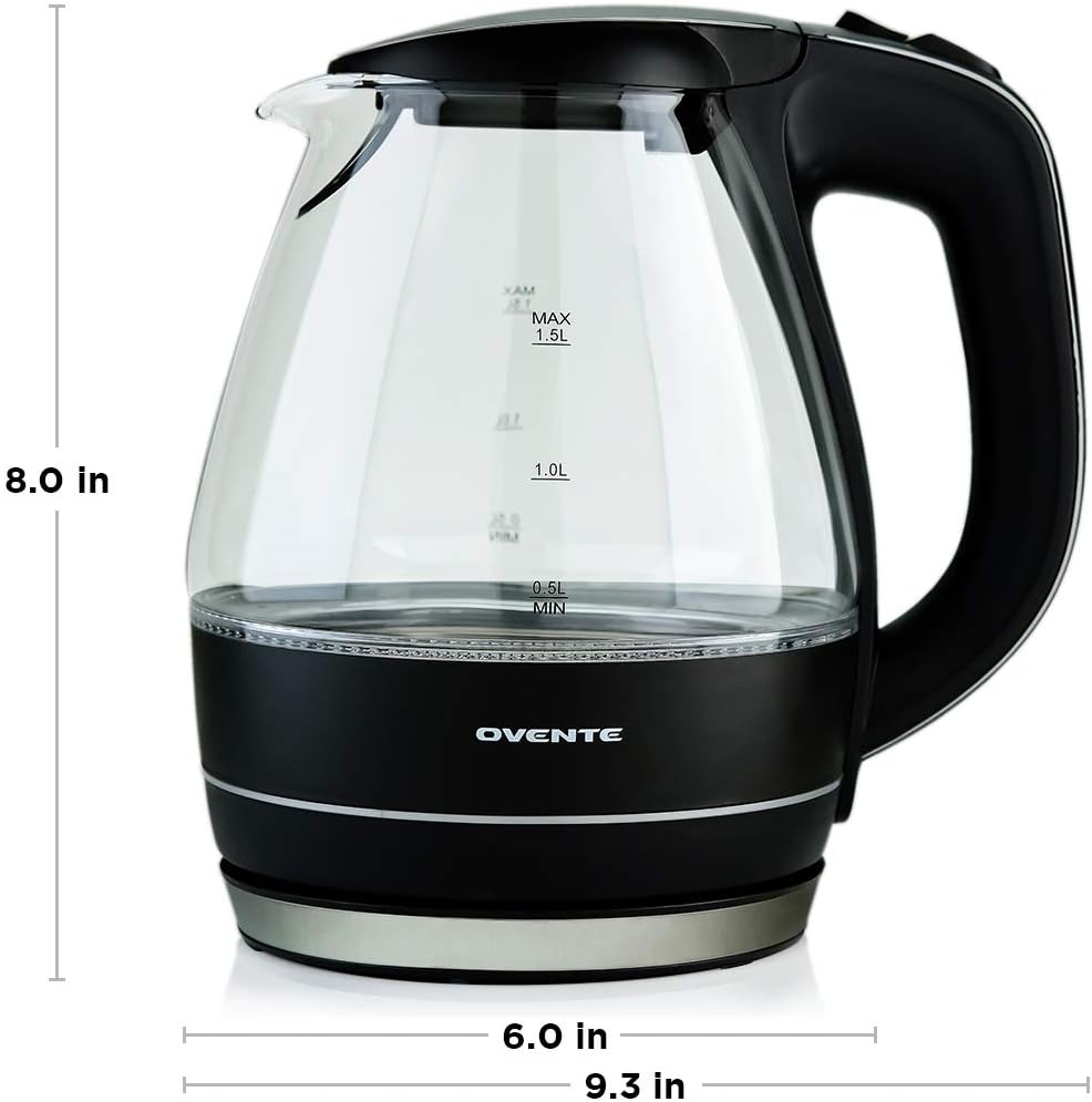 Ovente Electric Hot Water Portable Glass Kettle with Filter 1.5 Liter Stainless Steel Base Countertop Teapot & Auto Shutoff BPA-Free Fast Heating, Boil Dry Protection, Brew Coffee & Tea, Black KG83B: Kitchen & Dining