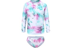 LOLLISY Girls Long Sleeve Rash Guard Set Tie Dye Bathing Suits Two Piece Swimsuits for Kids Swim Shirts 3-16 Years