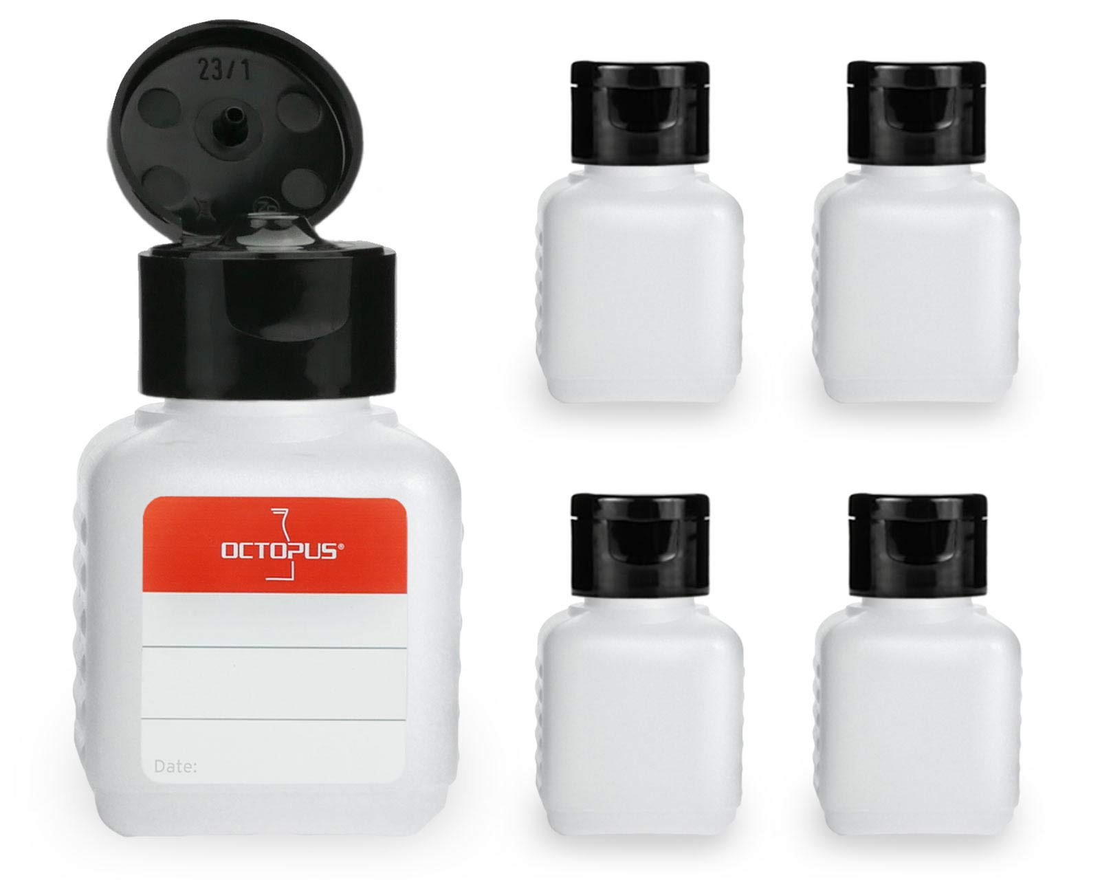 Octopus 5 x 50 ml plastic bottles, HDPE plastic bottles with black flip-top cap, empty bottles with black hinged cap, square bottles incl. 5 labels