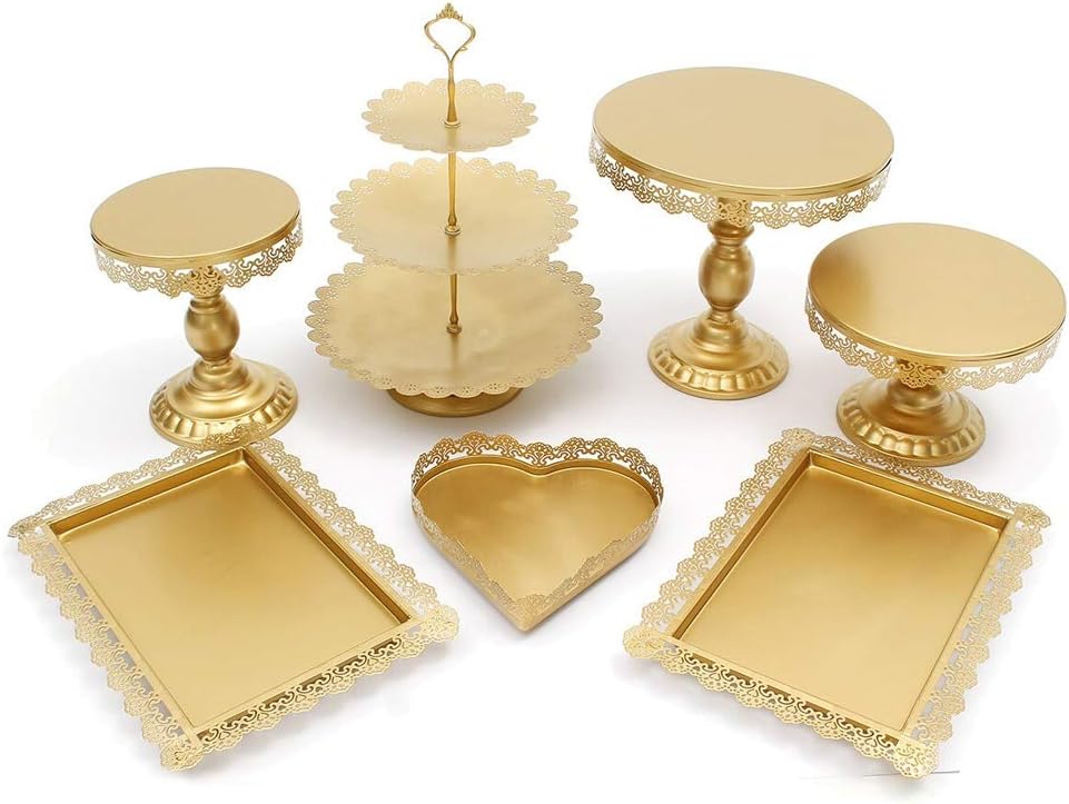 Yamyannie Cake Stands 7Pcs White Gold Amalfi Glass Top Cake Stand Round