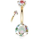 PEAKLINK Titanium Belly Button Ring 14G Belly Jewelry Navel Bar Internally Threaded Belly Barbell with Double Cubic Zircon Navel Jewelry Navel Belly Piercing for Women 8 10 12 14mm