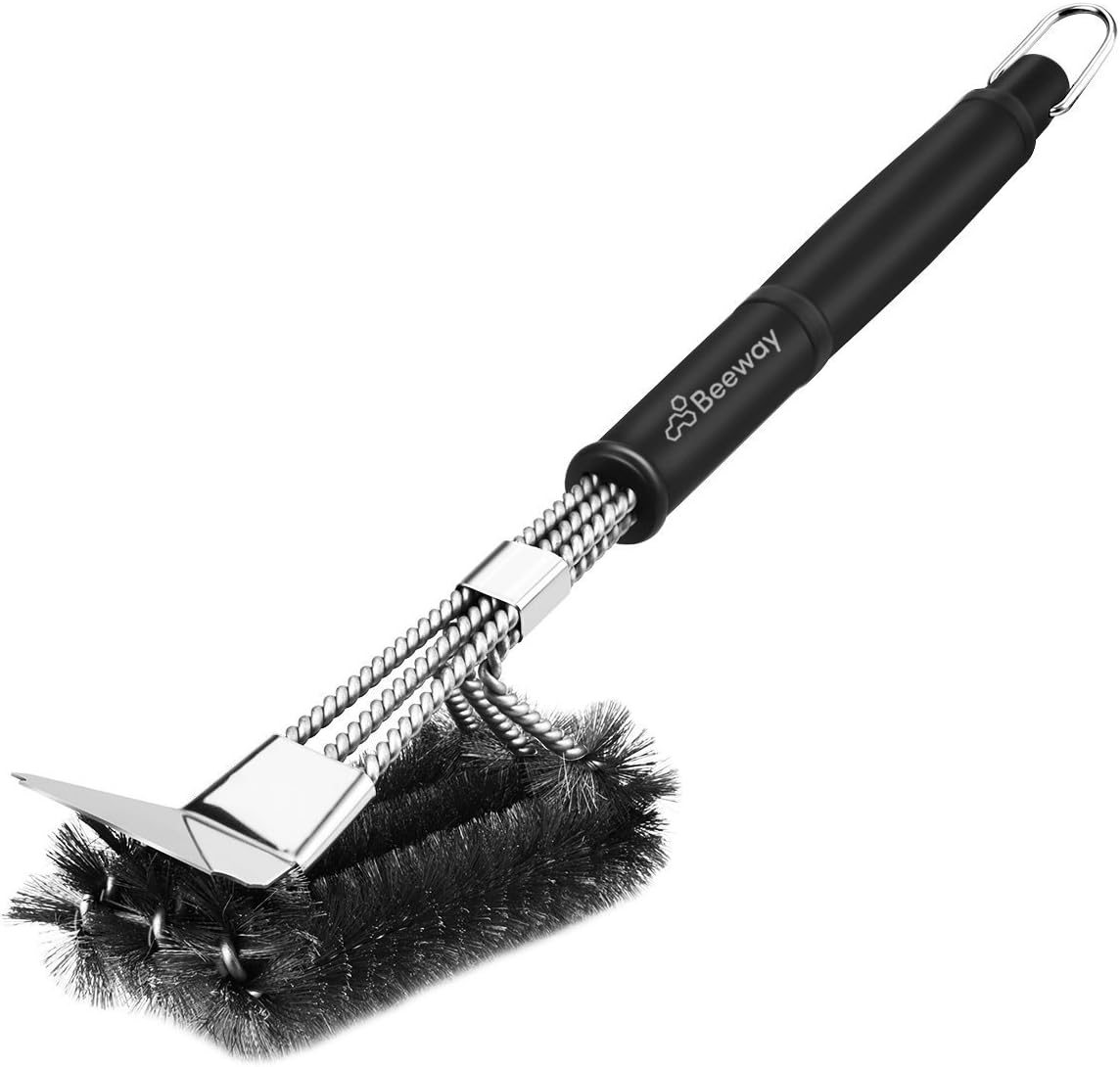 BEEWAY Grill Brush with Scraper - Heavy Duty, 18'' Long Handle, Stainless Steel Bristles - Barbecue Cleaning Brush for Charcoal, Gas, Electric Grill Grates