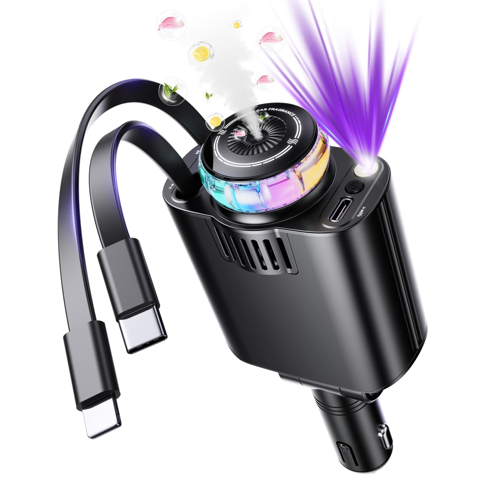 Photo 1 of Retractable Car Charger with Aromatherapy and Starlight, 5 in 1 USB C Car Charger Adapter, 69W Fast Charging Cars Phone Chargers, Cars Air Freshener Compatible with iPhone 16 15 14 13 12 and Android