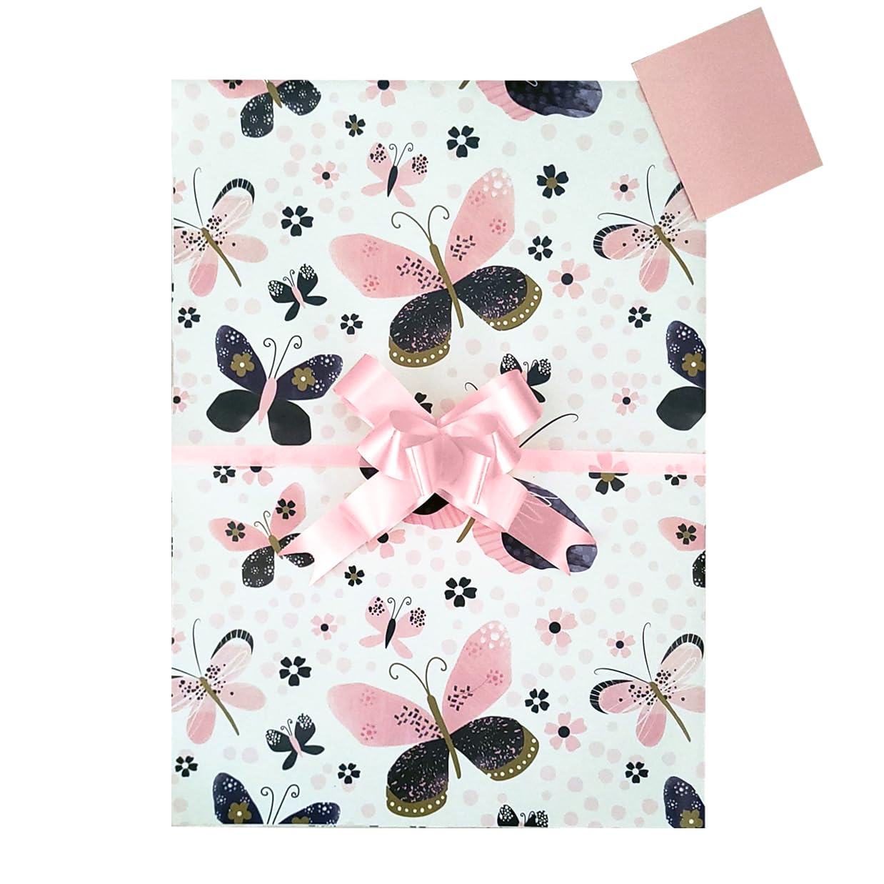 Butterflies Pink Gift Wrap Pack, 2 Wrapping Paper Sheets, 2 Matching Tags and 2 Pink Pull Bows, Arrives in an A4 boarded envelope for protection,