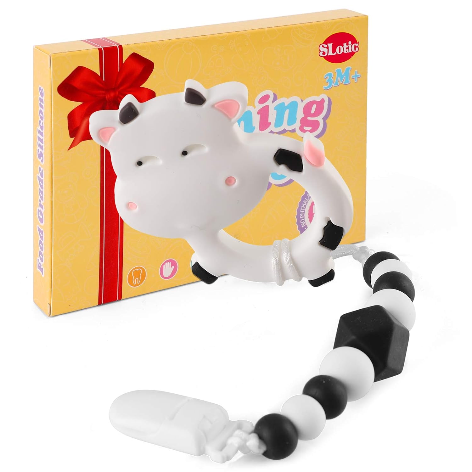 Baby Teething Toys, Cow Teethers Pain Relief Toy with Pacifier Clip Holder Set for 0 6 12 Newborn Babies, Freezer Safe Neutral Shower Gift, Soft & Textured Stocking Stuffers for Boy and Girl