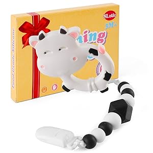 Baby Teething Toys, Cow Teethers Pain Relief Toy with Pacifier Clip Holder Set for 0 6 12 Newborn Babies, Freezer Safe Neutral Shower Gift, Soft & Textured Stocking Stuffers for Boy and Girl