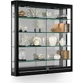 Displays2go Illuminated Showcase Wall Mount | LED Top Lighting, 4 Tempered Glass Shelves, Black, WC396LEDB
