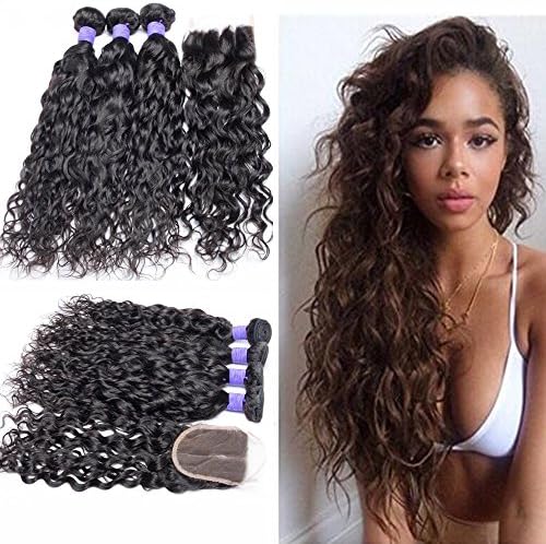 7A Brazilian Virgin Hair Bundles with Closure Water Wave 3 Bundles With Free Part Closure Wet And Wavy Virgin Human Hair Weave Natural(16 18 20with 14)