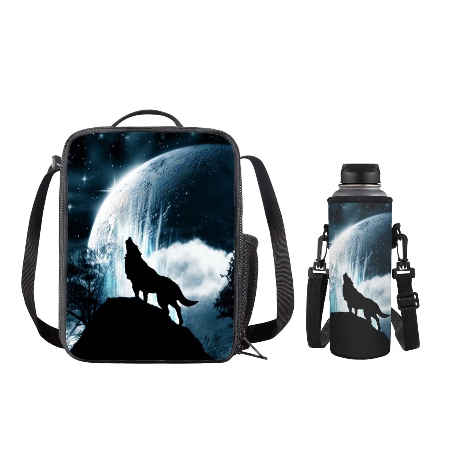 SEANATIVE Kids Lunch Box for Boys Wolf Moon Insulated Lunch Bag with Water Bottle Carrier Portable Back to School Portable Travel Work Accessories
