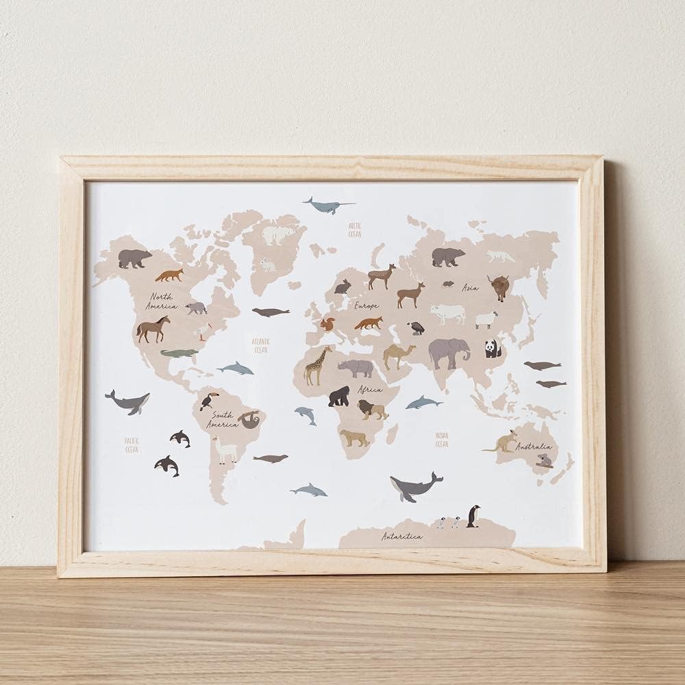 MG Global Animal World Map, World Map Poster, World Map Animals, Safari Nursery Decor, World Map Wall Art, Kids World Map, Educational Posters - Unframed Wall Art