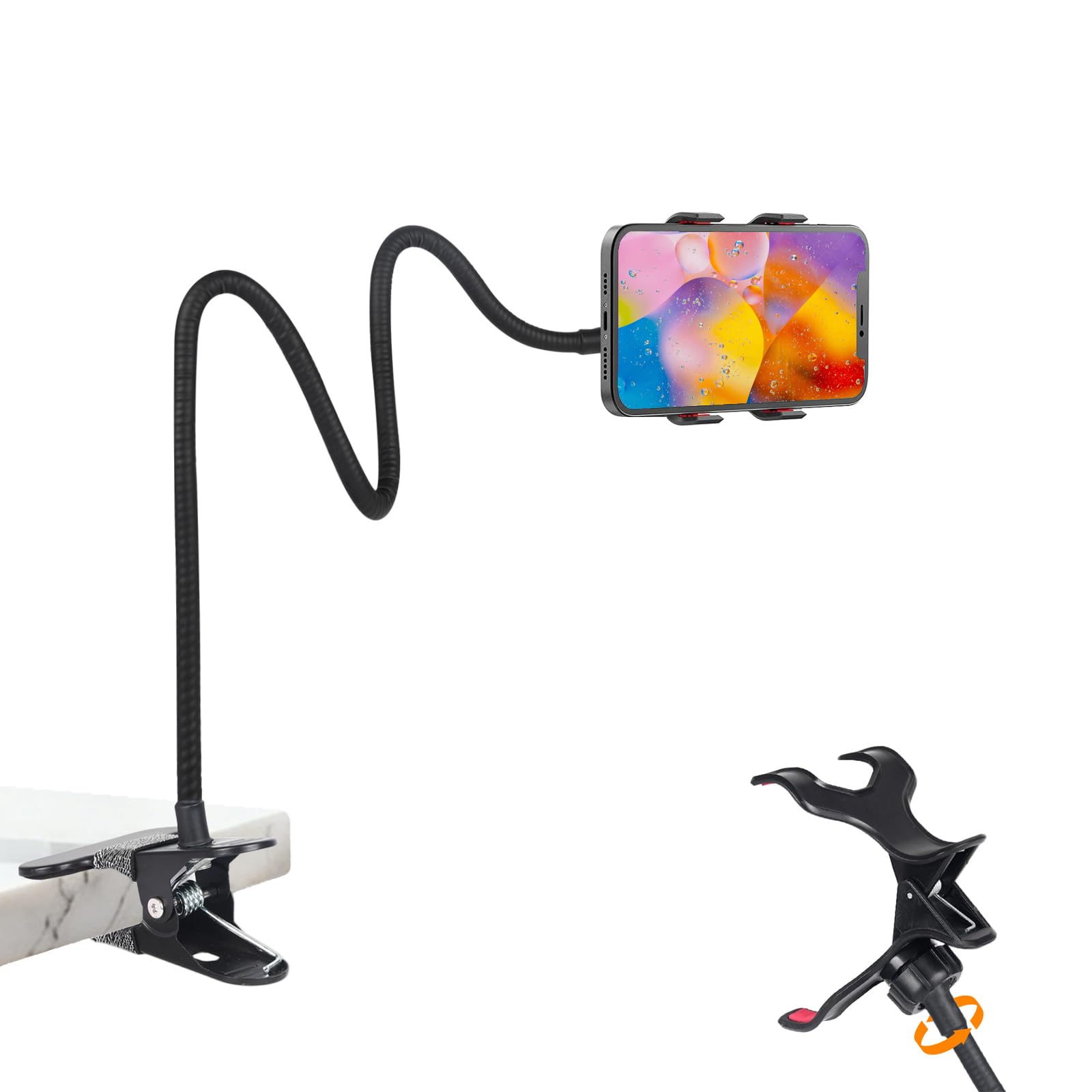 Kdyxvhy Gooseneck Phone Holder for Desk,Clip On Phone Holder for Bed,Flexible Long Arm Lazy Bracket,Cell Phone Stand Mount with Clamp for iPhone 16 Pro Max 15 14 13 X SE Series,for All 4"-7" Cellphone
