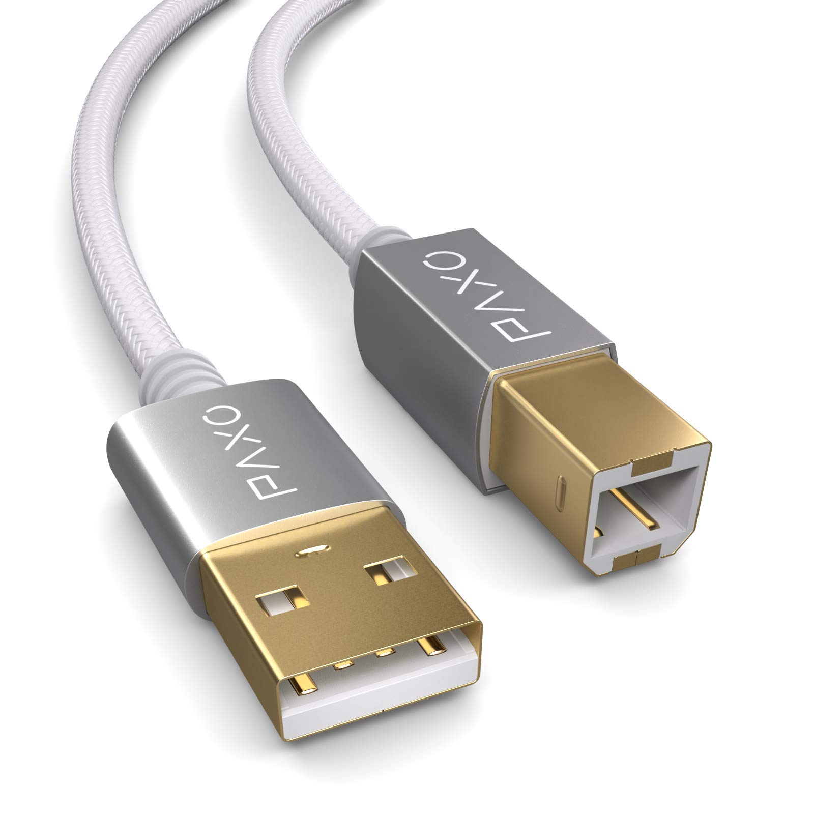 PAXO 2m nylon USB printer cable, white, USB A plug to USB B, charging cable, data cable, gold plug