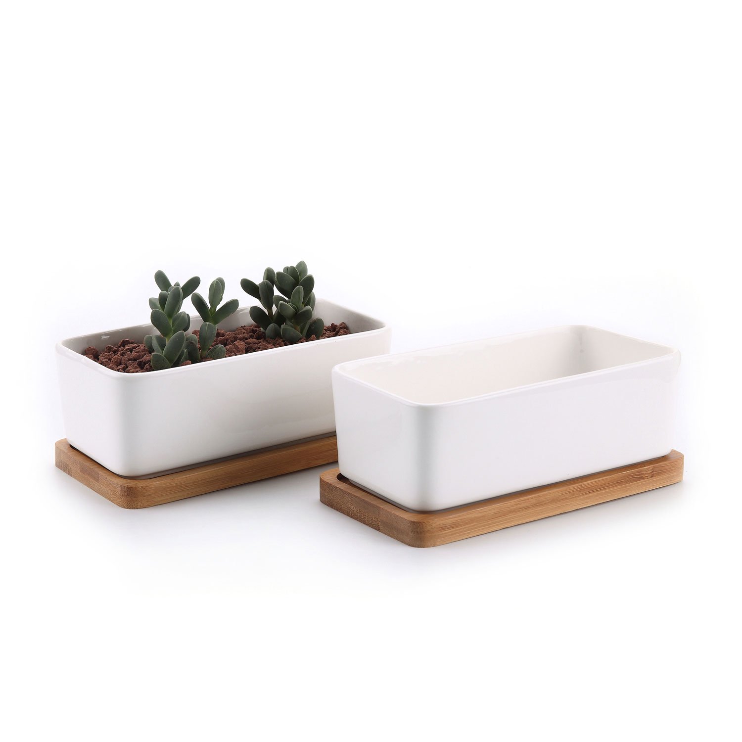 T4U 16.5CM Ceramic White Rectangle Succulent Plant Pot/Cactus Plant Pot With Bamboo Tray Package 1 Pack of 2