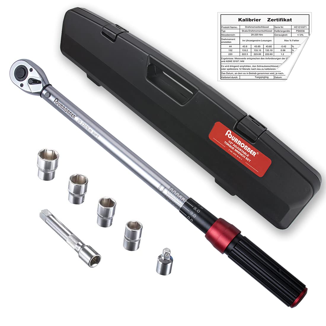 FOURROBBER Torque Wrench Set 1/2-inch Drive Click Bicycle Torque Wrench Dual-Direction Adjustable 90-Tooth Torque Wrench with Buckle 20-220Nm,Accuracy ± 3% Visit The Store