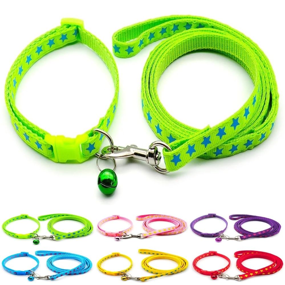 Small Dog Puppy Pet Collar and Lead Set Star Design Nylon Adjustable Size 19-32cm Collar with Bell and 120cm Leash Green