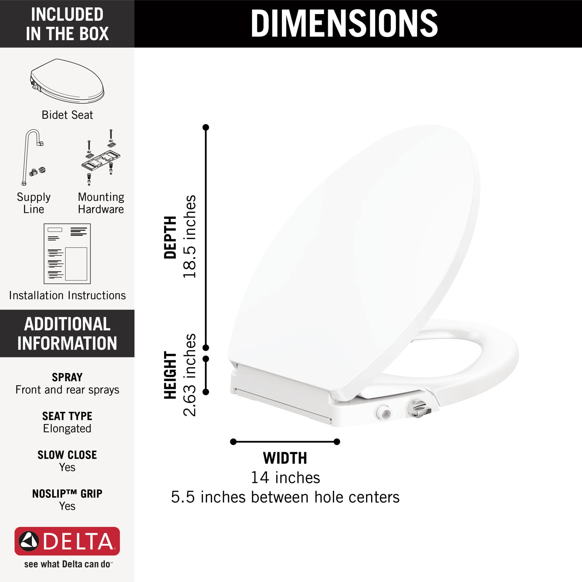 Delta 833004 Elongated Soft Close Bidet Seat with Manual Control Self-Cleaning Wand - White