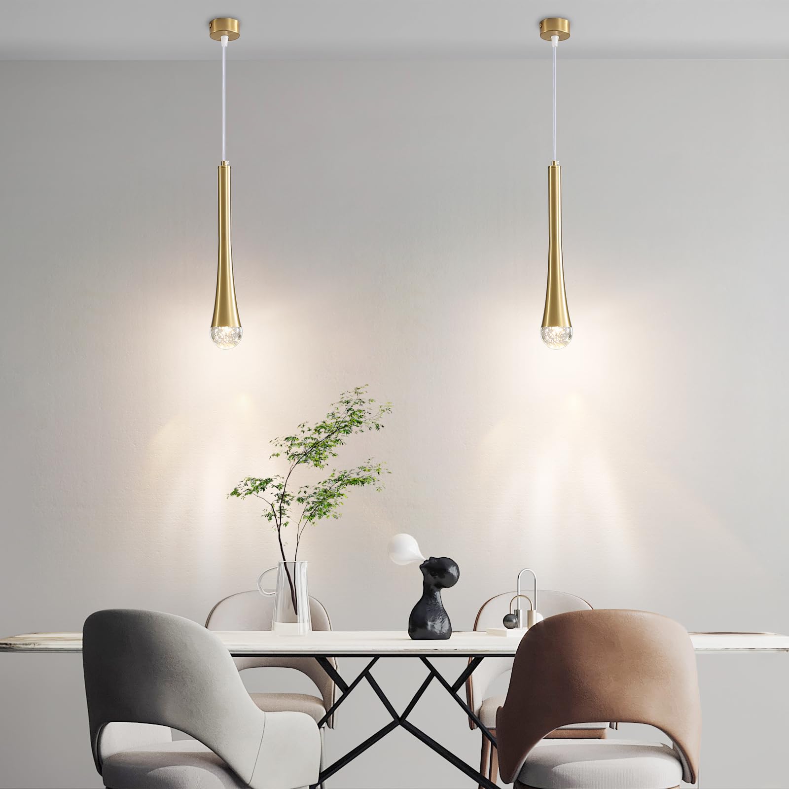 Mikeru Golden Crystal Ceiling Pendant Light, E14 Bulb Removable, 3 Colour Temperature 3000K/4500K/6500K Kitchen Island Pendant Light, Height Adjustable 1.2M, Suitable for Bar, Study, Bedside, 2 Packs