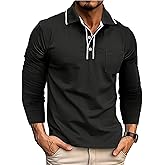 Mens Polo Shirts Long Sleeve Casual Stylish Collared Button Solid Color Golf T Shirts with Pocket