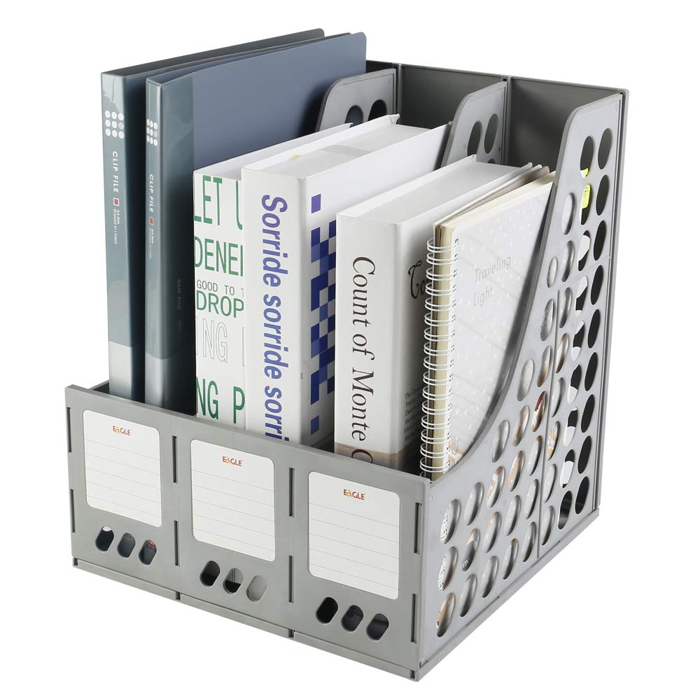 Eagle Magazine File Book Holder, Desktop Document Divider Organizer, 3-Compartment, Plastic (Grey)