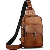 Genuine Leather Sling Bag Casual Shoulder Hiking Backpack Vintage Handmade Crossbody Bag Retro Chest Daypack (Brown)