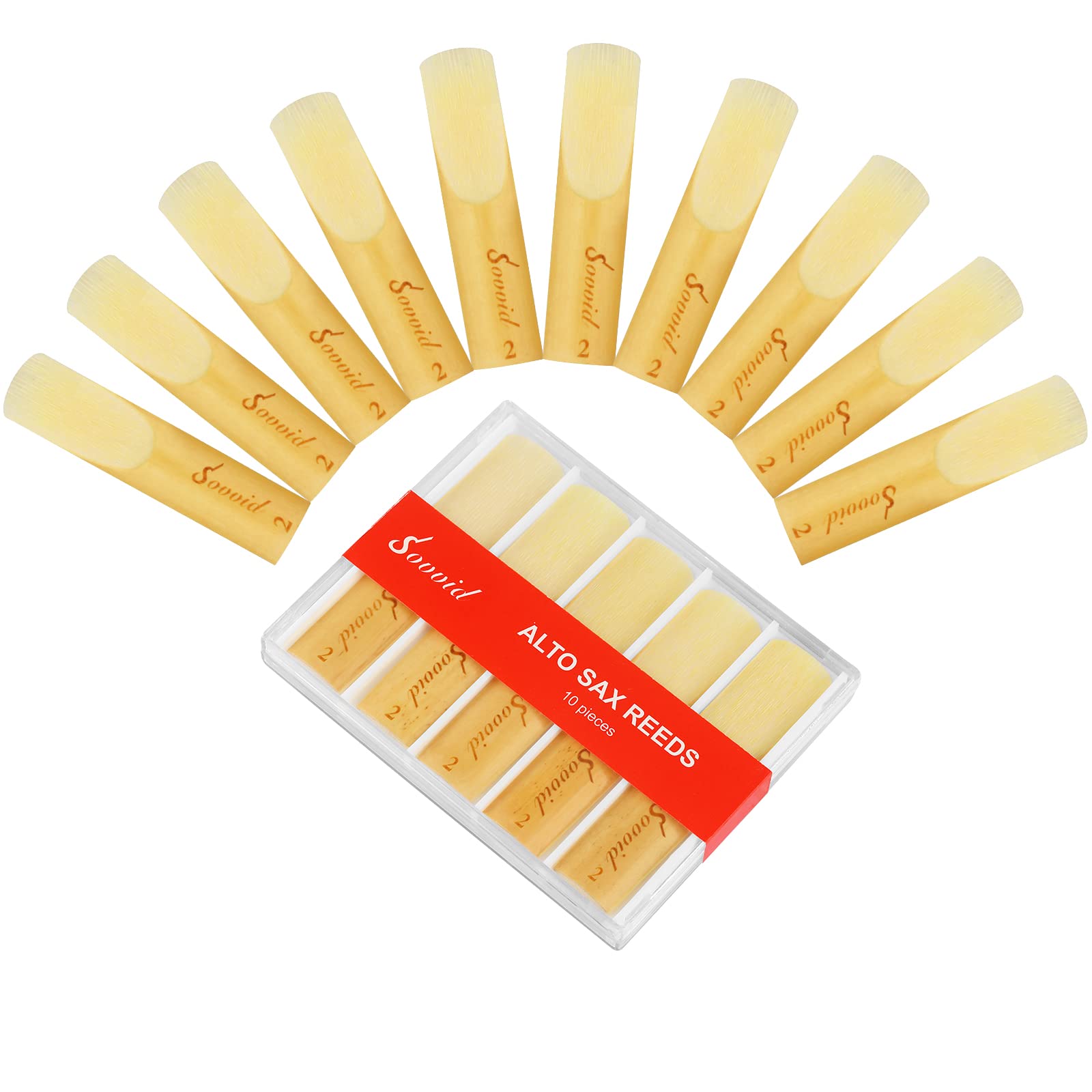 Photo 1 of Sovvid 10 Pack Professional Alto Saxophone Reeds with Plastic Box, Strength 2.0 Alto Sax Reeds, Laser Engraved Marking & Thinner Reed Tip for Easy of Play, Traditional Reeds for Saxophone Alto