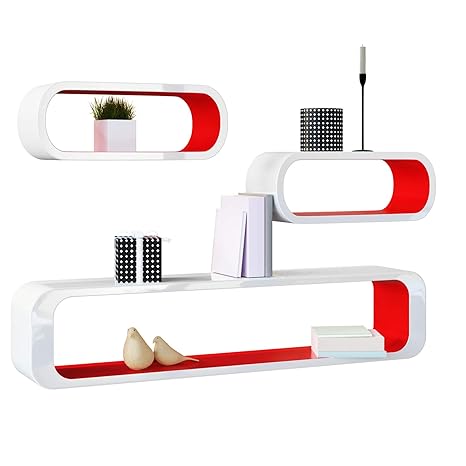 Deuba Wandregal Wandboard 3er Set I Rot Weiß Hochglanz I Cube Design I 95/40/40cm I Schweberegal Kinderzimmer Regal Holz