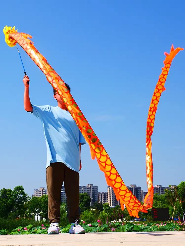 3D Colorful Dragon Silk-like Flowy Spinning & Shaking Poi - Flinging the Dragon Spiral Practice Ribbon Streamer with Fiberglass Handsticks + Travel Bag! (5 Meters (16.4 FT), Gold Scale Color)