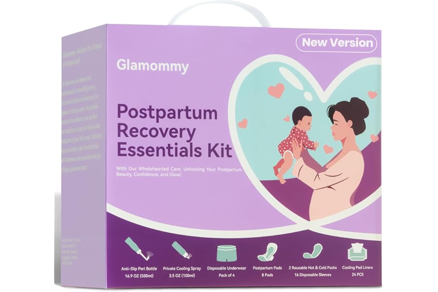 Glamommy Postpartum Recovery Essentials Kit for Women, Labor & Delivery Postpartum Care, Peri Bottle, Cooling Spray, Disposable Postpartum Underwears, Postpartum Pads, Hot&Cold Packs, Soothing Liners