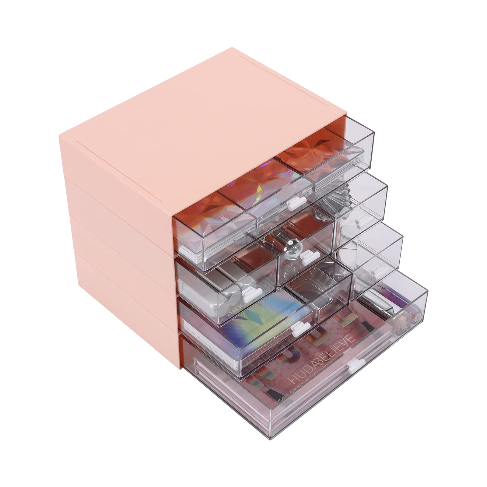 OSteed Desktop Organiser with 7 Drawers, Stackable Storage Box on Desk, Small Plastic Storage Unit with Drawers for Home Collection, Makeup, Office Supplies (4 Flat Layers, Pink)