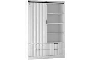 GOSROMS Armoire Wardrobe Closet with Sliding Fluted Door，Wardrobe Cabinet with 4 Storage Drawers and Hanging Rail,Freestanding Wooden Closet for Bedroom(White)