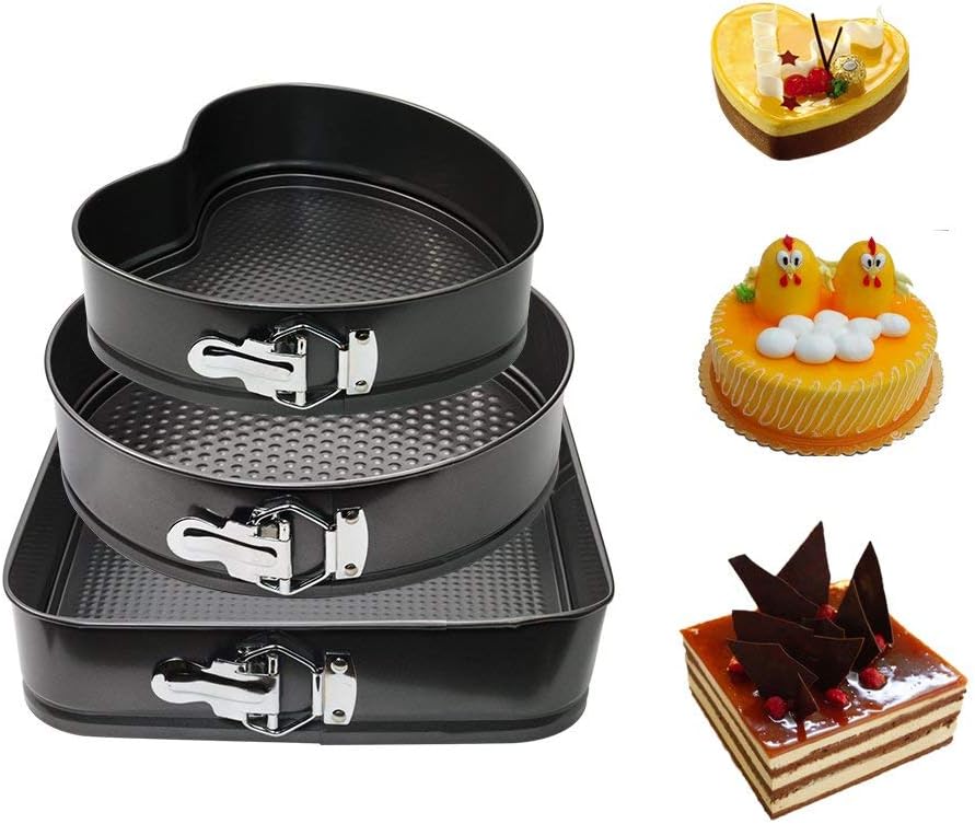 WARM MAISON Nonstick Springform Pan Set Leakproof 10.5inch Square 10 inch Round 9 inch Heart Baking Pie Cheese Cake Molds Pan Set with Quick Release Latch and Removable Bottom