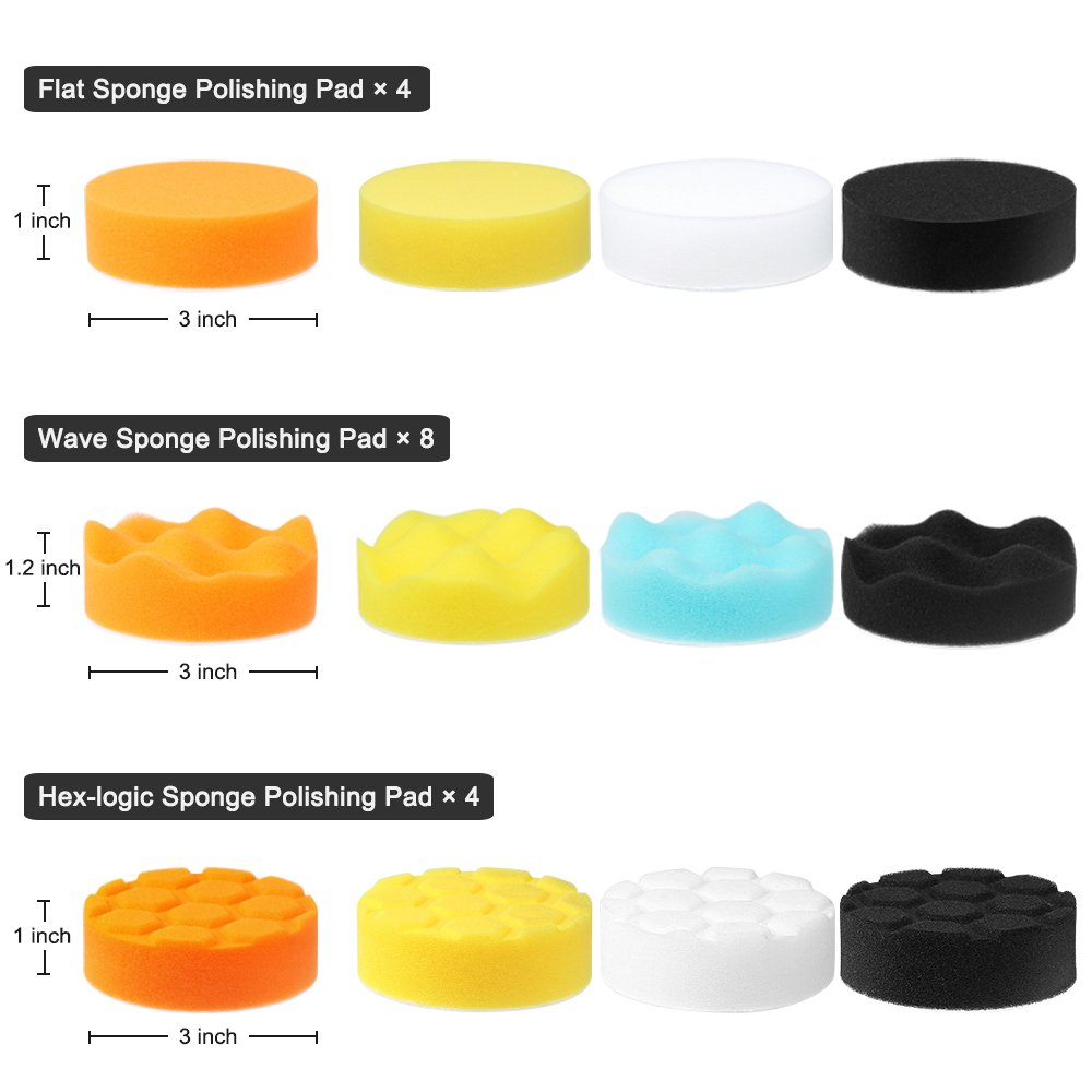 Electop Car Polishing Pad Kit 22 Pcs, 3 Inch Foam Drill Buffing Sponge Woolen Pads for Car Sanding, Buffing, Polishing, Waxing, Sealing Glaze(18 Pads+2 Drill Adapters+2 Suction Cups)