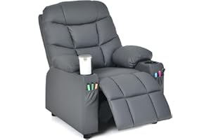 GLACER Kids Recliner Chair w/Cup Holder & Side Pockets, Children Recliner w/Comfortable Backrest, Armrests & Footrest, Toddler PU Leather Recliner for Boys Girls, 3+ Age Group (Grey)