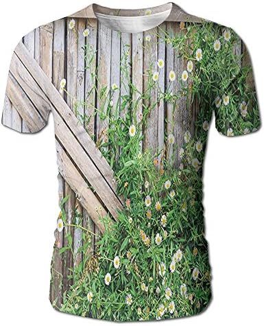 Edgar John Bamboo Fence Covered by Ivy Daisy Flower Blooms Chamomile Petals Men's Short Sleeve Tshirt L