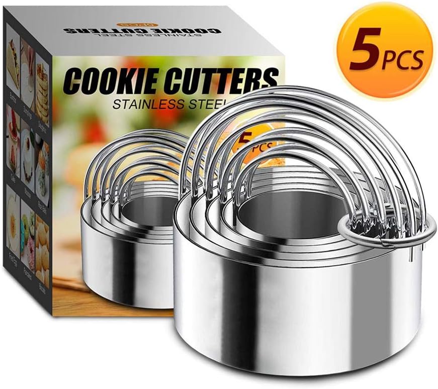 5 Pieces Round Cookies Cutter Set,Circle Pastry Cutters,Stainless Steel Biscuit Cutter with Handle,Professional Baking Dough Tools for Pastry Muffins Making