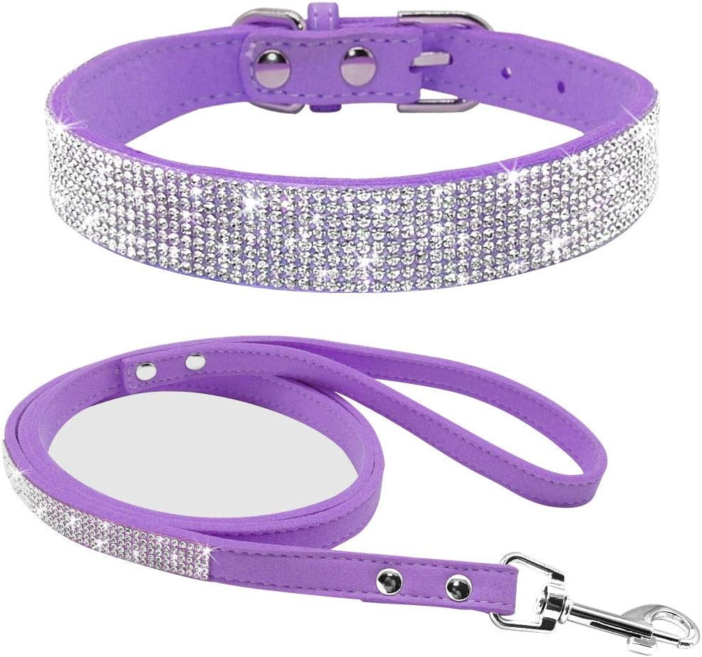 Haoyueer Cute Dazzling Sparkling Elegant Fancy Soft Suede Leather Bling Rhinestone Crystal Jeweled Pet Cat Dog Puppy Collar Dog Leash Combo Set(Purple,M)