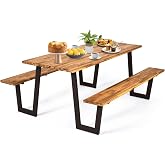 COSTWAY Acacia Wood Picnic Table, 70&rdquo; Tabletop with Umbrella Hole | Patented Design, Strong Metal Frame, 6 Person Outdoor Picnic Table Bench Set for Patio, BBQ, Dining