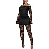 Ekaliy Sexy Two Piece Outfits for Women Clubwear Lace Legging Set Off Shoulder Mini Dress